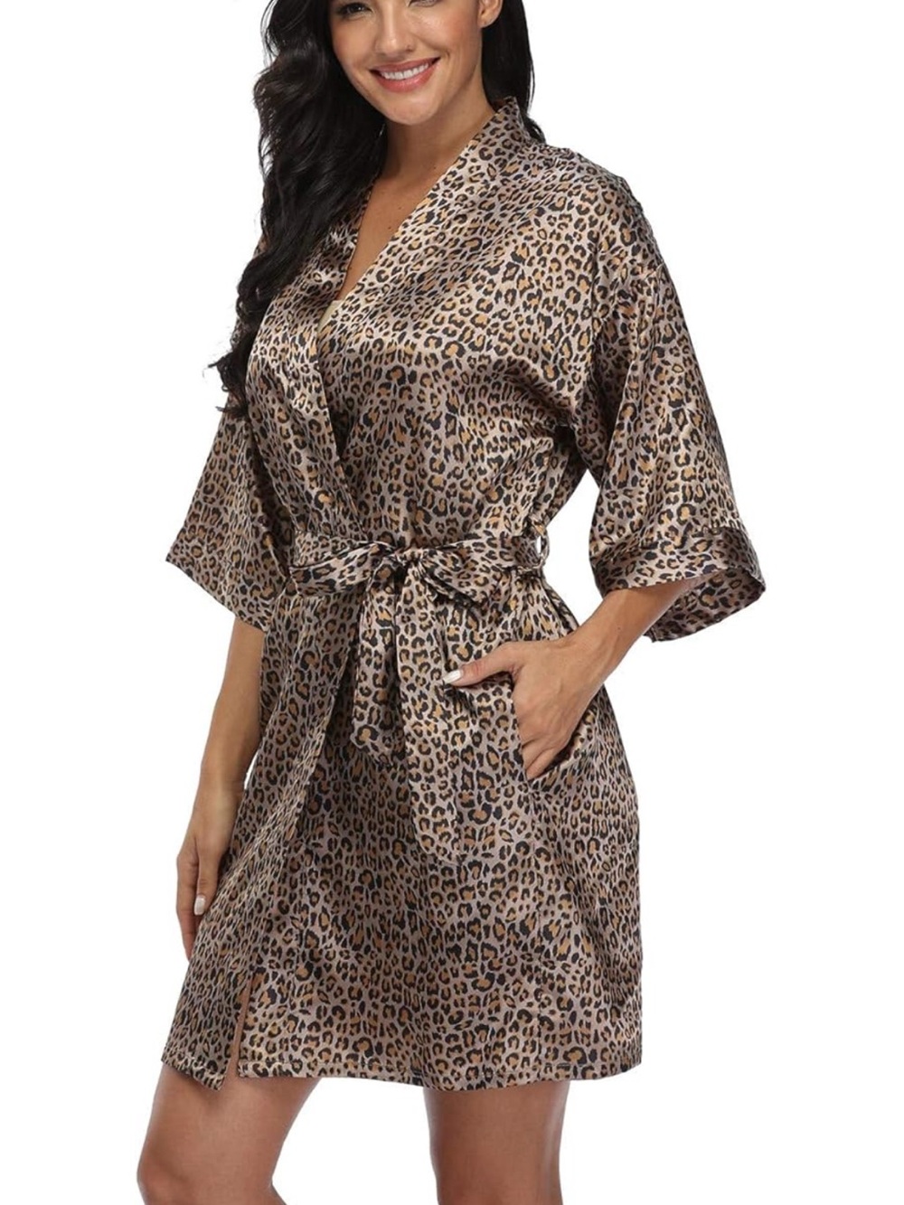 Leopard Print Satin Kimono Robe - Brown